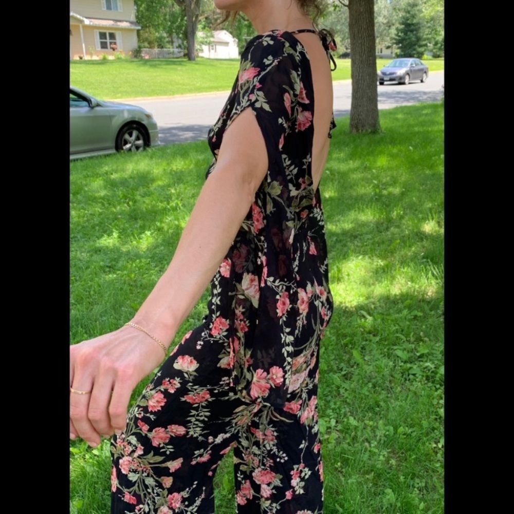 Reformation Black Floral Open Back Jumpsuit, Boatneck,Slit Sleeves,made in USA,0 - Picture 4 of 11